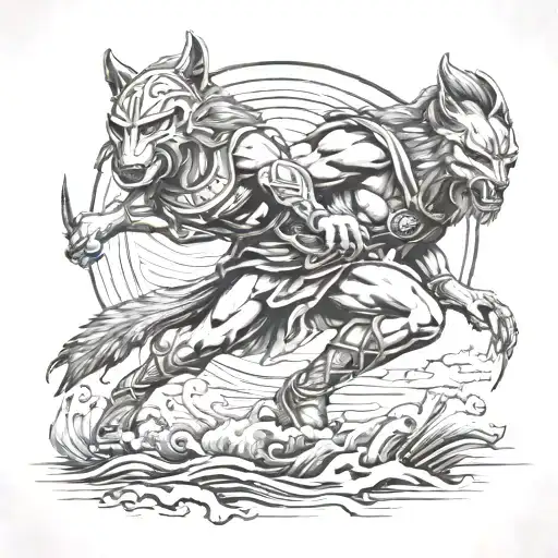 A Spartan Warrior Fighting Against A Wolf In A Seaside Setting