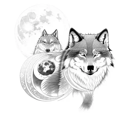Mystical Japanese Wolf With Geometric Patterns And A Moon In The Background