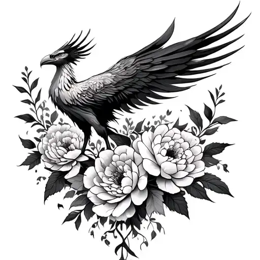 Phoenix With Peonies And Leaves Thin Flowy