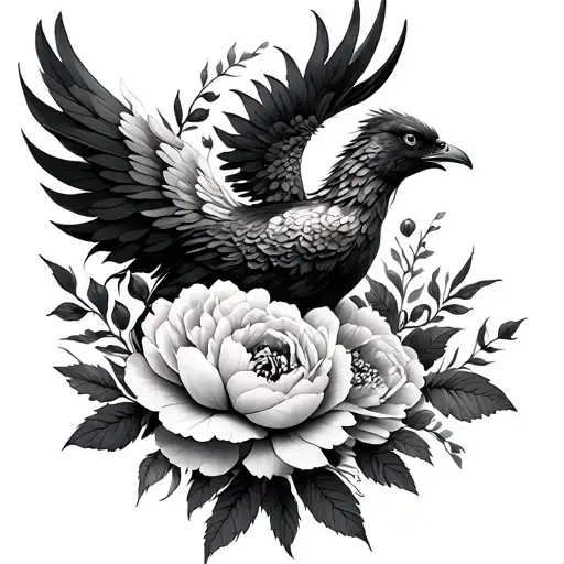 Phoenix With Peonies And Leaves Thin Flowy Feminine