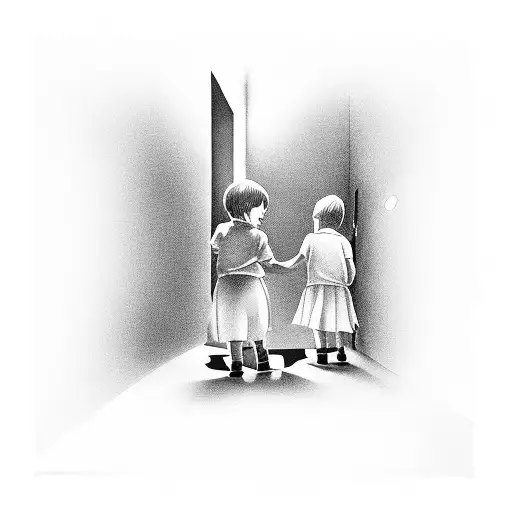 2 Children With Flashlight In Dark Hall