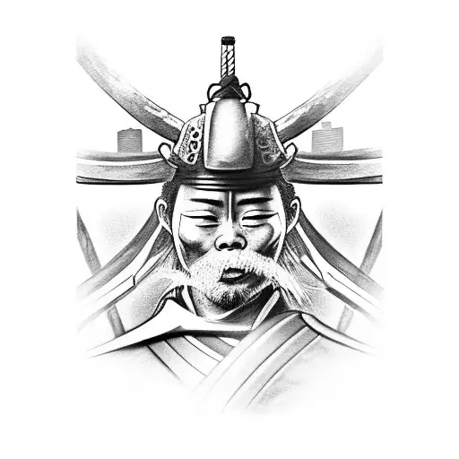 A Realistic Black And Grey Portrait Of A Samurai With A Backdrop Of Iconic Paulista Buildings