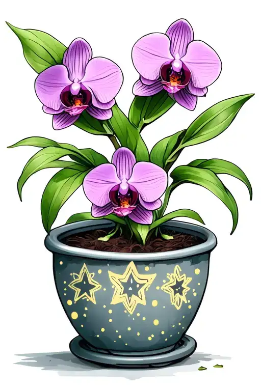 Spotted Orchid In A Pot With Stars On It