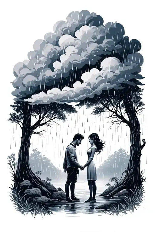 Couple In Forest In Rain Strom Clouds