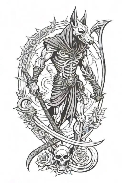Half Anubis And Half Grimm Reaper Holding Scythe With One Hand As A Skeleton