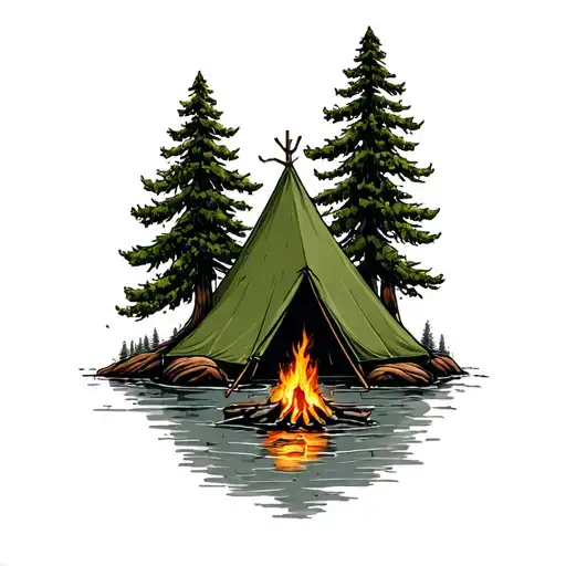 Ponderosa Pine Tree With Green Canvas Tent And A Campfire Along A River