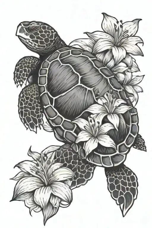 Turtle With Lily Flower And Hibiscus Flower Surrounded