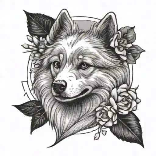 Japanese Spitz Dog With Flowers Coming Together