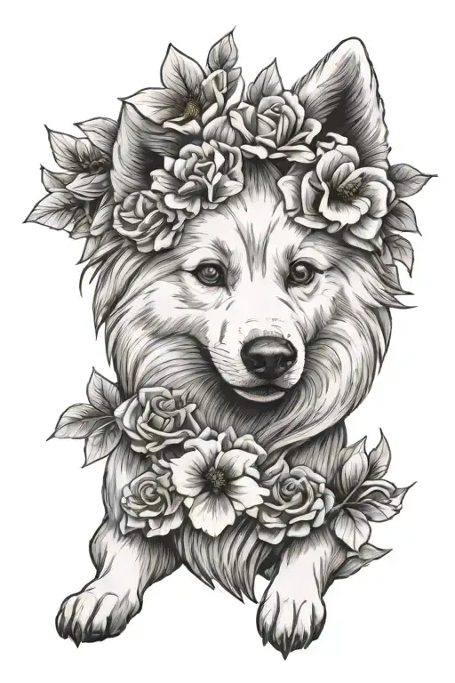 Japanese Spitz Dog With Flowers Coming Together