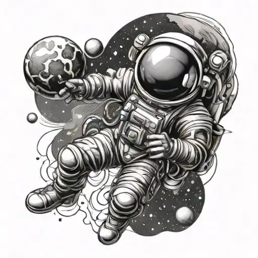 Astronauat Floating In Space Holding Planets