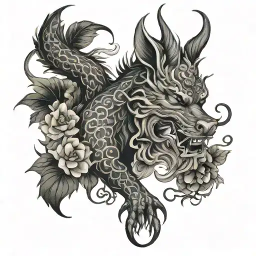 Dragon Chinese Ox Fox Apple Flowers And Willow Vine