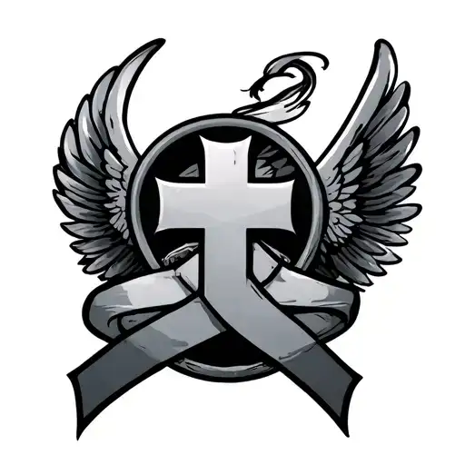 Cross With Wings And A Cancer Ribbon Wrapped Round