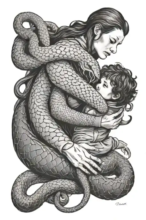 Snake Enveloping A Woman's Hand And A Child In A Diving Suit