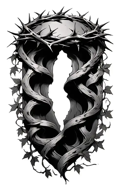 Crown Of Thorns On Top With A Gap Then Under Vines Wrapping