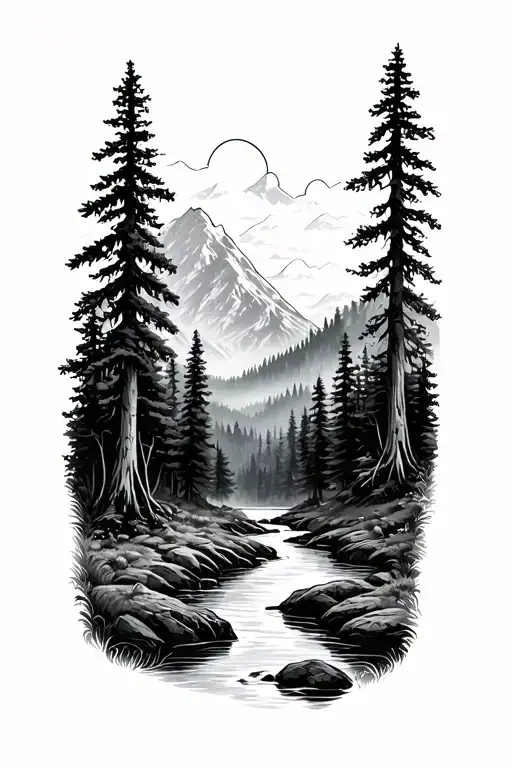 Forest Scenery With Mountain River Landscape