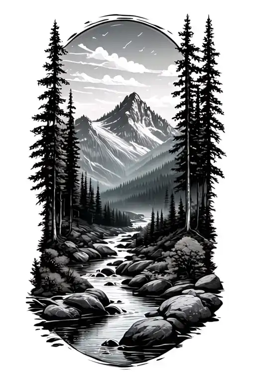 Forest Scenery With Mountain River Landscape