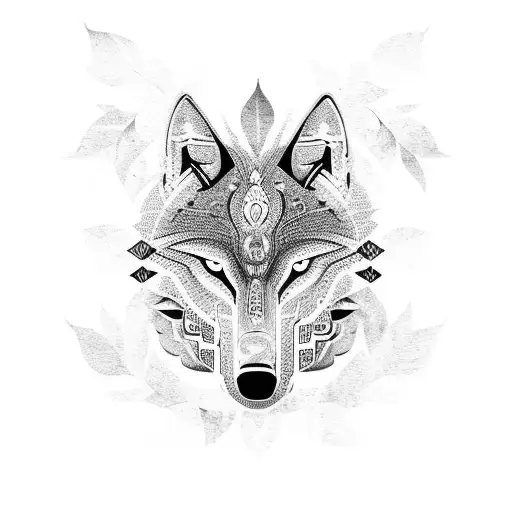A Tribal-inspired Wolf Silhouette Surrounded By Intricate Leaf Patterns