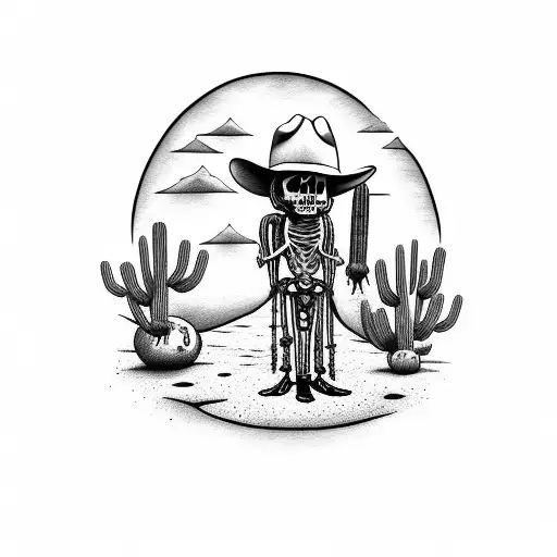 Saguaro Cactus Rising Sun Skeleton With Cowboy Boots And Hat On Leaning Against Cactus