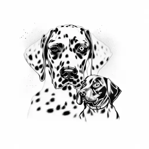 A Black And Grey Realistic Portrait Of A Firefighter With Their Loyal Dalmatian Dog