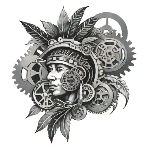 Native American And Gears Intertwined