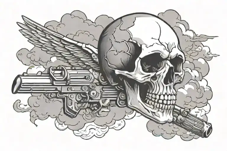 Skull With Tec 9 Flying On Clouds