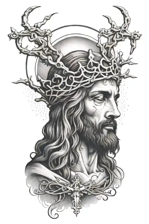 Jesus Christ Praying With Rosary Intertwined With Thorn Crown With Cloud And Smoke Behind Him