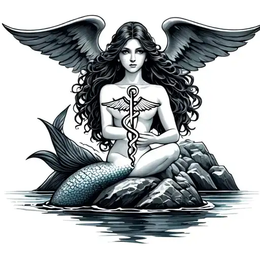 Mermaid Sitting On Rock Holding Medical Symbol Intertwined