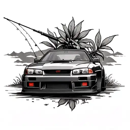 Nissan Skyline With Fishing Pole And Pathos Plant