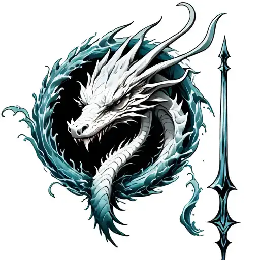 Trident Surrounded By Water Dragon
