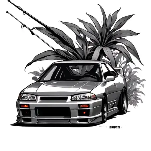 Nissan Skyline Front End With Fishing Pole And Pathos Plant