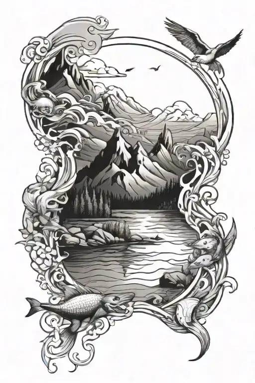 Mountains Into A Frozen Pond With Wildlife Into A Beach With Waves