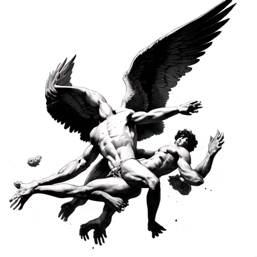 Fall Of Icarus Without Wings And Floating Hands Catching Him At The Bottom