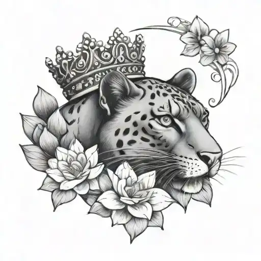 Panther Holding Lotus Flower With A Crown On His Head