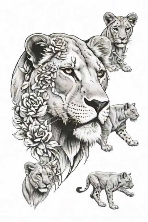 Floral Lioness Protecting Her Cubs With Amelia Oliver And Harvey Incorporated