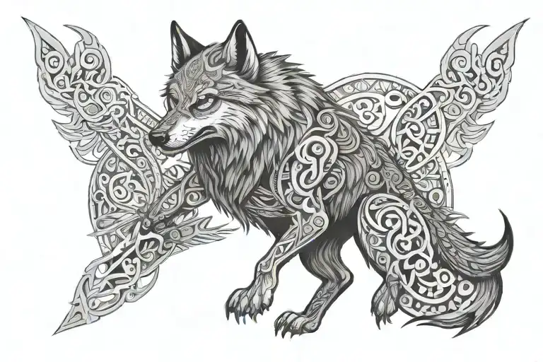 Angry Wolf With Spartian Weapon And Nordic Patterns Around The Wolf