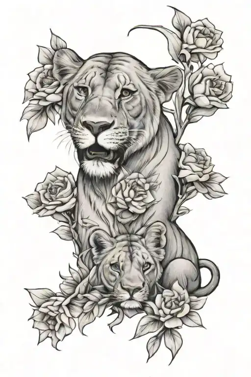 Floral Lioness Protecting Three Cubs