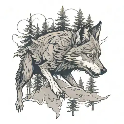 Flying Wolf In A Forest