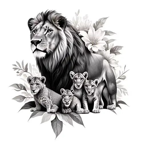 A Female Lion With 4 Cubs And A African Flower