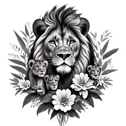 A Female Lion With 4 Cubs And A African Flower Bouquet