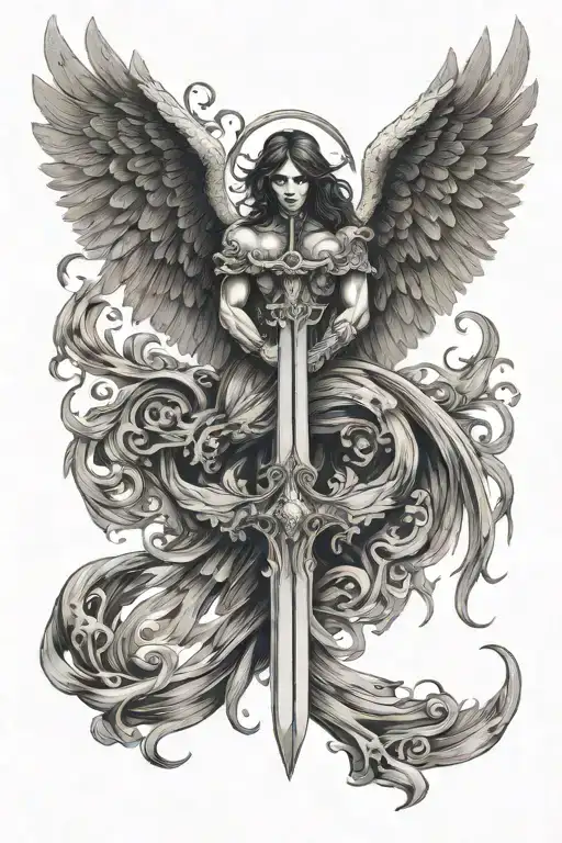Two Wings One Of An Angel And The Other Of A Demon With A Sword In The Middle
