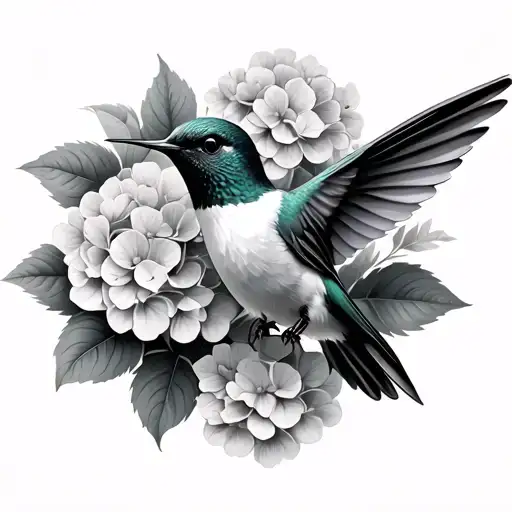 Humming Bird With Hydrangeas