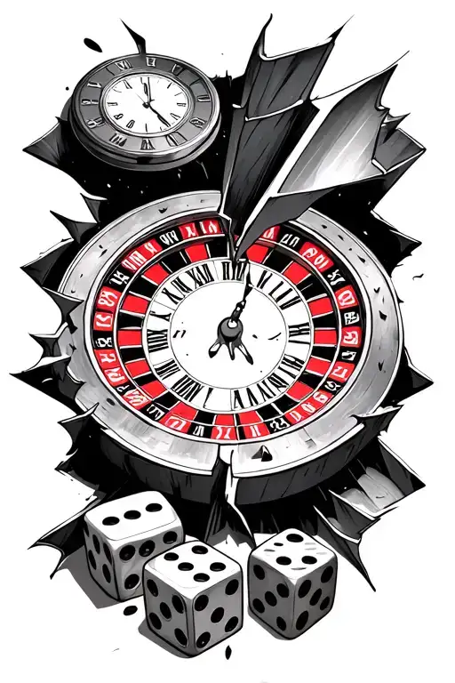 Broken Roulette Wheel With Dice And Clock Embedded