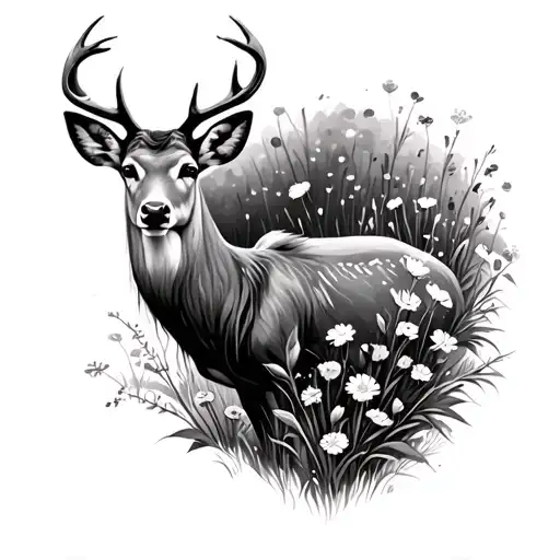 A Deer In The Middle Of A Feild Of Flowers Growing