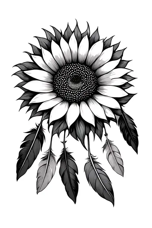 Sunflower Head Six Indian Feathers Hanging