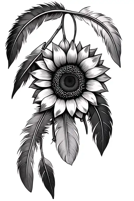 Sunflower Head Six Indian Feathers Bundled Together Hanging