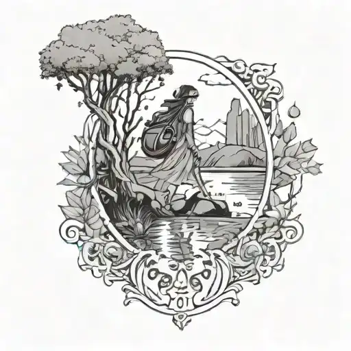 Girly Tarot Card The Adventurer With Trees And Water And A Woman Walking