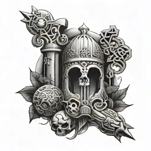 Dark Religious Themed Tattoo Featuring Ancient Relics