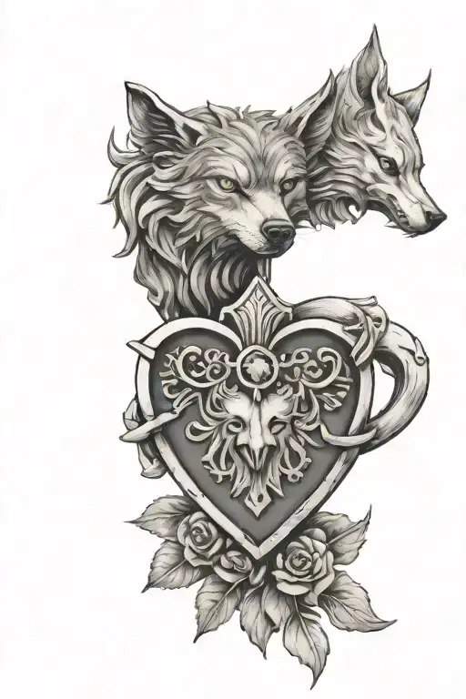 Crest Of A Wolf And A Anatonmical Heart Shaped Lock