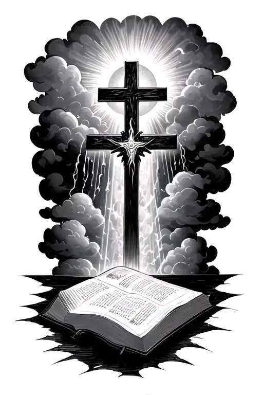 Cloud And Sun Beaming Down On A Cross With A Bible Very Below It