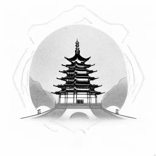 A Tattoo Of A Chinese Temple Floating In Space